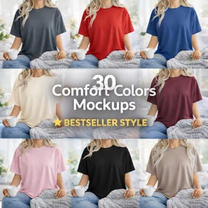 Paquete de maquetas inspiradas en Comfort Colors 1717 / 30 maquetas de camisetas / Colores neutros de moda / Ropa para impresión bajo demanda / Descarga digital imagen 1