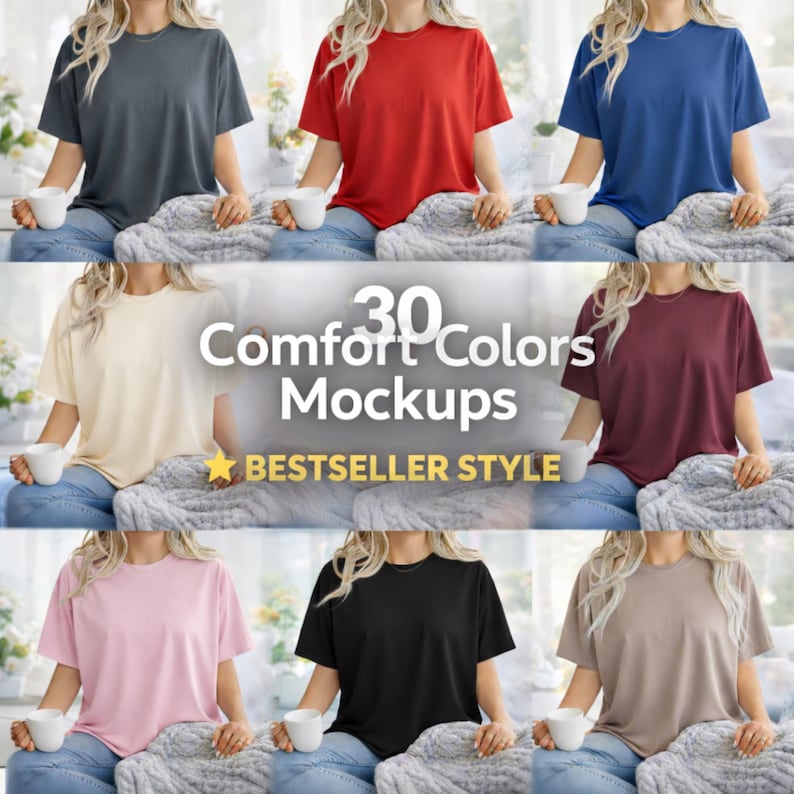 Paquete de maquetas inspiradas en Comfort Colors 1717 / 30 maquetas de camisetas / Colores neutros de moda / Ropa para impresión bajo demanda / Descarga digital imagen 1
