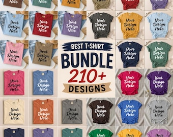 Pode incluir: Uma coleção de camisetas em várias cores sólidas, incluindo marrom, verde, amarelo, vermelho, roxo, azul e cinza. Cada camiseta apresenta o texto Your Design Here em fonte cursiva. Um gráfico central exibe o texto BEST T-SHIRT BUNDLE 210+ DESIGNS.