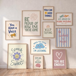 Peut inclure: Un ensemble de neuf affiches encadrées avec des textes motivants et des illustrations. Les impressions incluent des phrases comme You Have a Voice, Be Proud of How Far You've Come, You Can Hard Things, It's Okay to Make Mistakes, Keep Trying, Kindness is Magic, When You Speak I'm Listening, Speak Your Mind et You Are Enough.