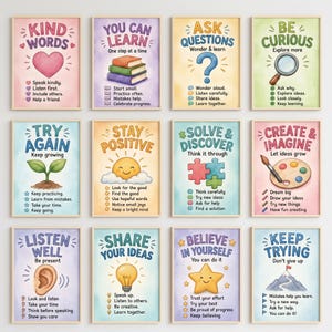 Op de afbeelding: Een set van twaalf educatieve muurposters met motiverende zinnen en illustraties, waaronder een hart, boeken, een vergrootglas, een zaailing, een zon, puzzelstukjes, een verfpalet, een oor, een gloeilamp, een ster en een berg.