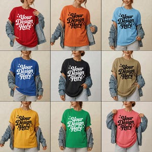Pode incluir: Uma cole&ccedil;&atilde;o de nove camisetas de manga curta e gola redonda em v&aacute;rias cores, incluindo vermelho, laranja, azul claro, azul royal, preto, bege, amarelo, verde e rosa. Cada camiseta apresenta o texto Your Design Here com pequenas estrelas.
