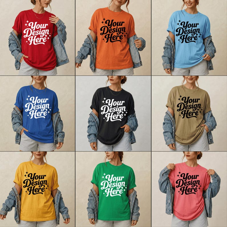 Pode incluir: Uma cole&ccedil;&atilde;o de nove camisetas de manga curta e gola redonda em v&aacute;rias cores, incluindo vermelho, laranja, azul claro, azul royal, preto, bege, amarelo, verde e rosa. Cada camiseta apresenta o texto Your Design Here com pequenas estrelas.