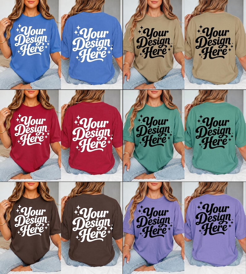 May include: A collection of eight short-sleeved t-shirts in various colors, including blue, tan, red, green, brown, and purple. Each shirt features the text "Your Design Here" in a stylized font on the front and back.