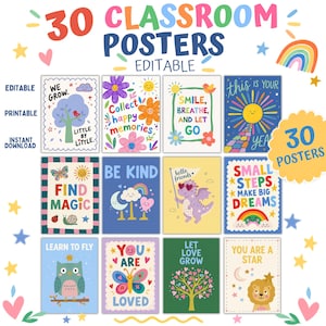 Può includere: Una collezione di 30 poster modificabili per l'aula con illustrazioni colorate di fiori, animali, arcobaleni e testi motivazionali come We Grow Little by Little, Collect Happy Memories, Smile Breathe and Let Go, Find Magic, Be Kind e You Are Loved.