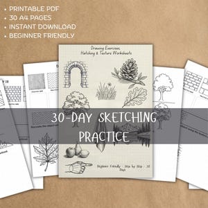 Peut inclure: Un ensemble de 30 pages A4 imprimables en PDF pour 30 jours de pratique du dessin, comprenant des exercices de croquis, de hachures et de textures. Les pages présentent des illustrations en noir et blanc d'une arche, pomme de pin, herbe, feuilles, arbres, fruits et une main.