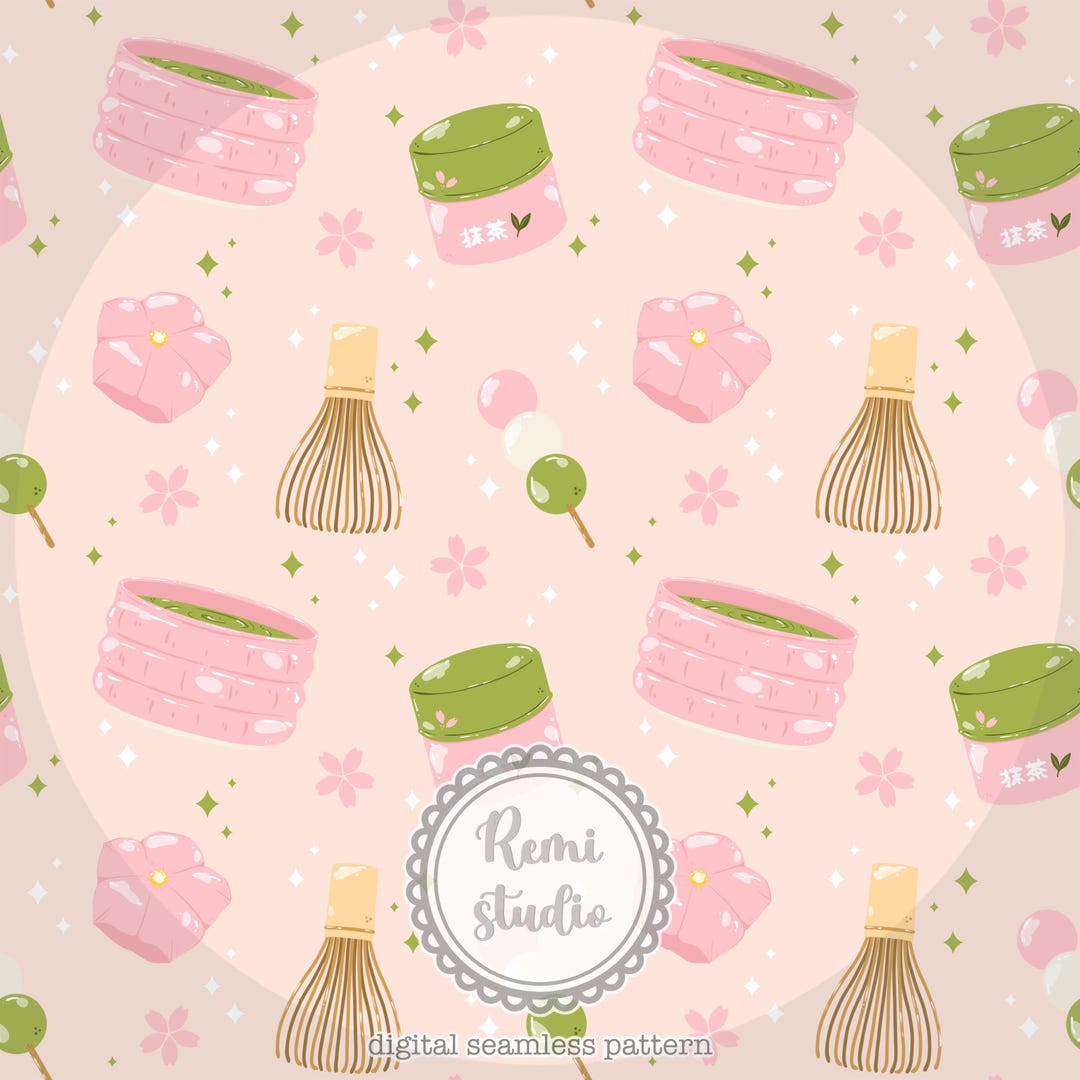 Matcha Design Pattern Pink Matcha Seamless Pattern, Hand Drawn Matcha Ceremony, 300 DPI PNG ...