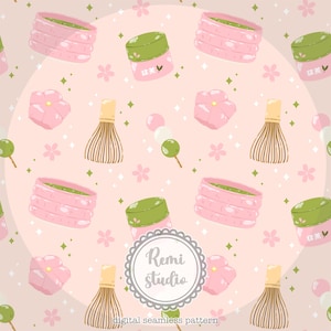 May include: A digital seamless pattern featuring matcha tea elements. The design includes pink bowls, green-lidded jars, bamboo whisks, pink flower-shaped sweets, and dango on a light pink background with cherry blossoms and sparkles. The text "Remi studio" is in a circular frame.