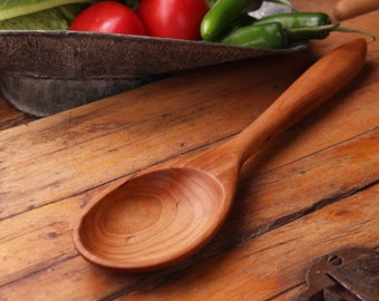 Handmade heavy duty mixing and stiring spoon kitchen utensil carved from Cherry wood