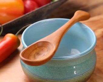 Handmade treenware wooden salsa or condiment spoon kitchen utensil carved from salvaged Apricot wood