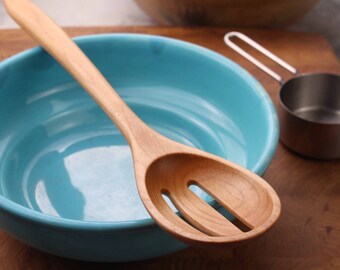 Handmade wooden colander spoon kitchen utensil carved from Cherry wood