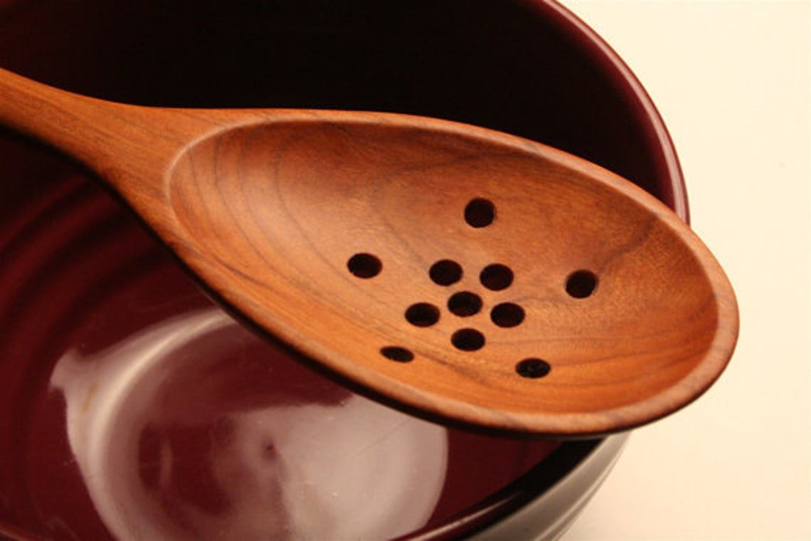 Wooden Colander Spoon Hand Carved From Black Cherry Wood Etsy