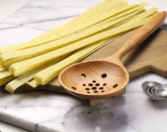 Handmade treenware wooden colander spoon hand carved from Cherry wood