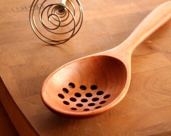 Wooden colander spoon hand carved from Black Cherry wood strainer of fruit and vegetables