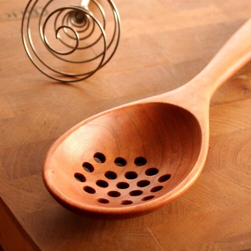 Wooden Colander Spoon Hand Carved From Black Cherry Wood Etsy