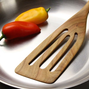 Handmade treenware wooden slotted fish spatula carved from Cherry, Walnut, and Maple wood