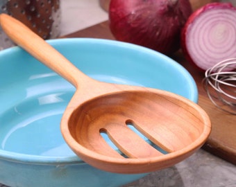 Large handmade treenware wooden slotted strainer spoon kitchen utensil carved from Cherry wood