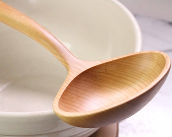 Wide handmade treenware wooden ladle spoon kitchen utensil of Maple wood , punch bowl serving spoon