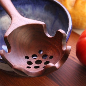 Handmade wooden pasta strainer spoon kitchen utensil of Black Walnut wood