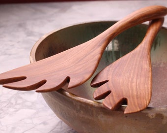 Handmade treenware treenware wooden salad serving set carved from Cherry wood