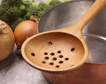Wooden colander spoon kitchen utensil hand carved from Sugar Maple wood strainer spoon for vegetables