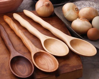 Heavy duty wooden mixing spoons carved from Cherry, Sugar Maple, or Walnut