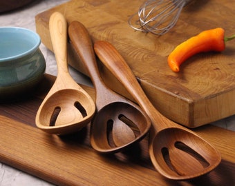 Medium hand made slotted wooden spoon kitchen utensil carved from Cherry, Walnut, or Maple