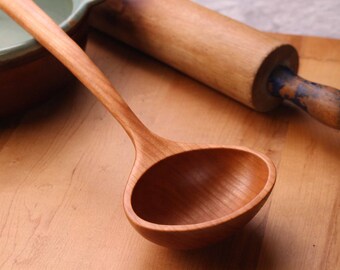 Cherry wood handmade treenware oval ladle for serving and pouring liquids