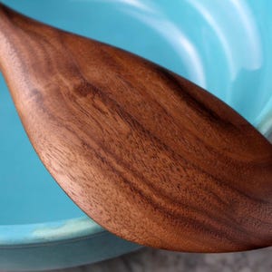 May include: A wooden spoon with a wide, rounded head and a long handle. The spoon is made of dark brown wood with visible grain patterns. It rests against the edge of a light blue bowl, creating a contrast in colour and texture.