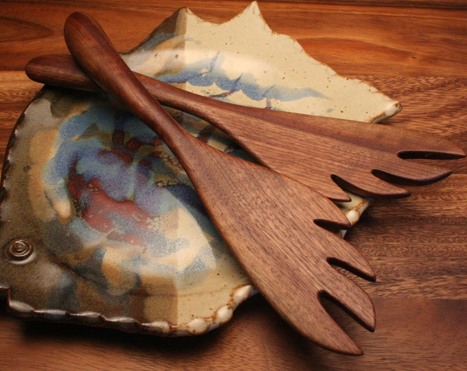 Wooden Salad and Pasta Serving Utensils Carved From Black Etsy