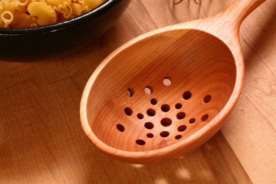 Large and Deep Wooden Colander Spoon Kitchen Utensil of Cherry Etsy