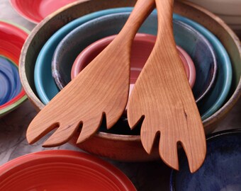 12 inch Cherry wood hand carved treenware salad serving set