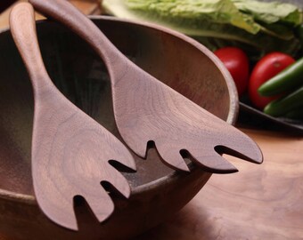 Handmade treenware wooden salad servers carved from Walnut wood