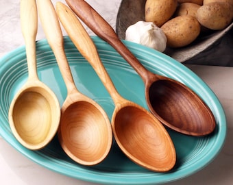 Large handmade Shaker-style wooden serving spoon carved from Walnut, Cherry, Maple, or Tulip tree.
