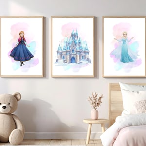 Frozen Watercolor Wall Art Set of 3 | Elsa Anna Ice Castle Prints | Winter Princess Bedroom Decor | Girls Nursery Room Decor | Kids Room Art