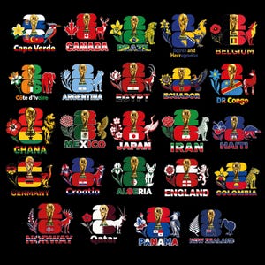 Puede incluir: Una colecci&oacute;n de dise&ntilde;os gr&aacute;ficos con el trofeo de la Copa Mundial de la FIFA, banderas nacionales y el n&uacute;mero 23. Cada dise&ntilde;o incluye el nombre del pa&iacute;s, como "Espa&ntilde;a" y "Jap&oacute;n", con im&aacute;genes asociadas.