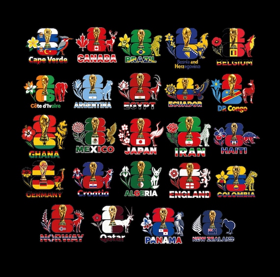 World Cup 2026 Teams PNG Bundle, 48 Nations Football Designs, Country Animals & Flowers, Soccer Flag Color Clipart, USA Canada Mexico PNG