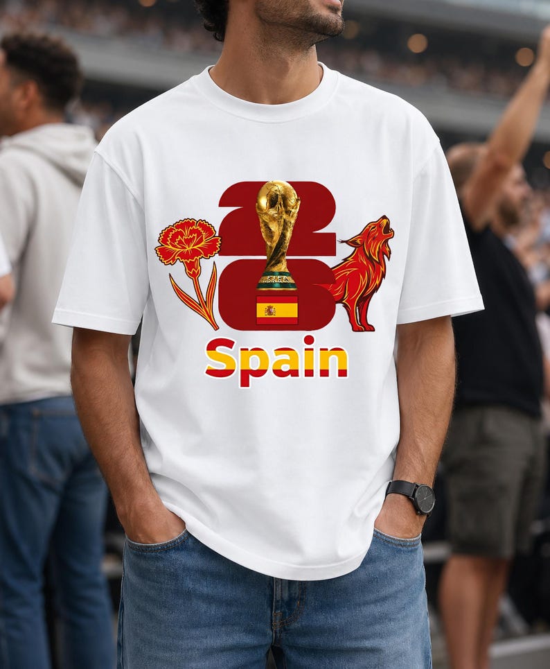 Puede incluir: Camiseta blanca con un dise&ntilde;o gr&aacute;fico que presenta un trofeo dorado, un clavel rojo y un lobo rojo aullando. La palabra "Espa&ntilde;a" se muestra en rojo y amarillo. La camiseta la lleva una persona.