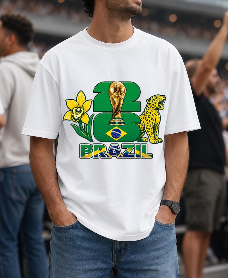 Puede incluir: Camiseta blanca con un dise&ntilde;o que incluye el n&uacute;mero "23", un trofeo dorado, una flor amarilla y un jaguar. La palabra "BRAZIL" est&aacute; impresa en verde y amarillo. El dise&ntilde;o incorpora los colores de la bandera brasile&ntilde;a.