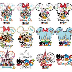 Könnte beinhalten: Eine Sammlung farbenfroher Disney-Designs mit Micky Maus, Minnie Maus, Donald Duck und anderen Charakteren. Die Designs enthalten den Text "Disney Trip 2026" und "Family Vacation". Einige Designs zeigen Feuerwerk und Schlossillustrationen.