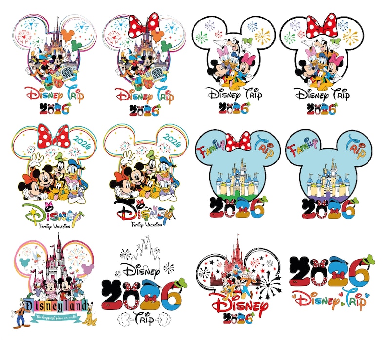Op de afbeelding: Een verzameling kleurrijke Disney-ontwerpen met Mickey Mouse, Minnie Mouse, Donald Duck en andere personages. De ontwerpen bevatten de tekst "Disney Trip 2026" en "Family Vacation". Sommige ontwerpen tonen vuurwerk en kasteelillustraties.