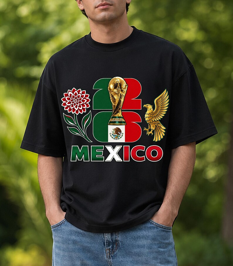 Puede incluir: Camiseta negra con un dise&ntilde;o con el texto "22 23 MEXICO". El dise&ntilde;o incluye un trofeo dorado, una flor roja y blanca, un &aacute;guila dorada y los colores de la bandera mexicana.