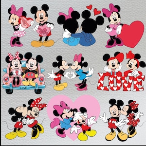 Paquete PNG de Mickey y Minnie para el Día de San Valentín, imágenes prediseñadas de amor a juego para el Día de San Valentín, 10 imágenes prediseñadas de amor, diseño romántico de dibujos animados, camisetas de pareja PNG
