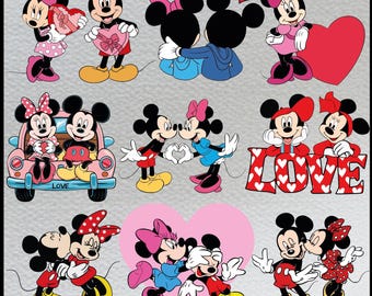 Paquete PNG de Mickey y Minnie para el Día de San Valentín, imágenes prediseñadas de amor a juego para el Día de San Valentín, 10 imágenes prediseñadas de amor, diseño romántico de dibujos animados, camisetas de pareja PNG