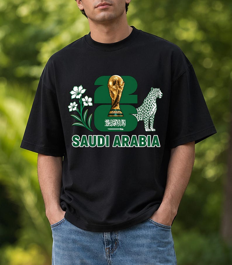 Puede incluir: Camiseta negra con un dise&ntilde;o gr&aacute;fico verde y blanco. El dise&ntilde;o incluye el texto "23", un trofeo dorado, la bandera de Arabia Saud&iacute;, un leopardo blanco y las palabras "SAUDI ARABIA".