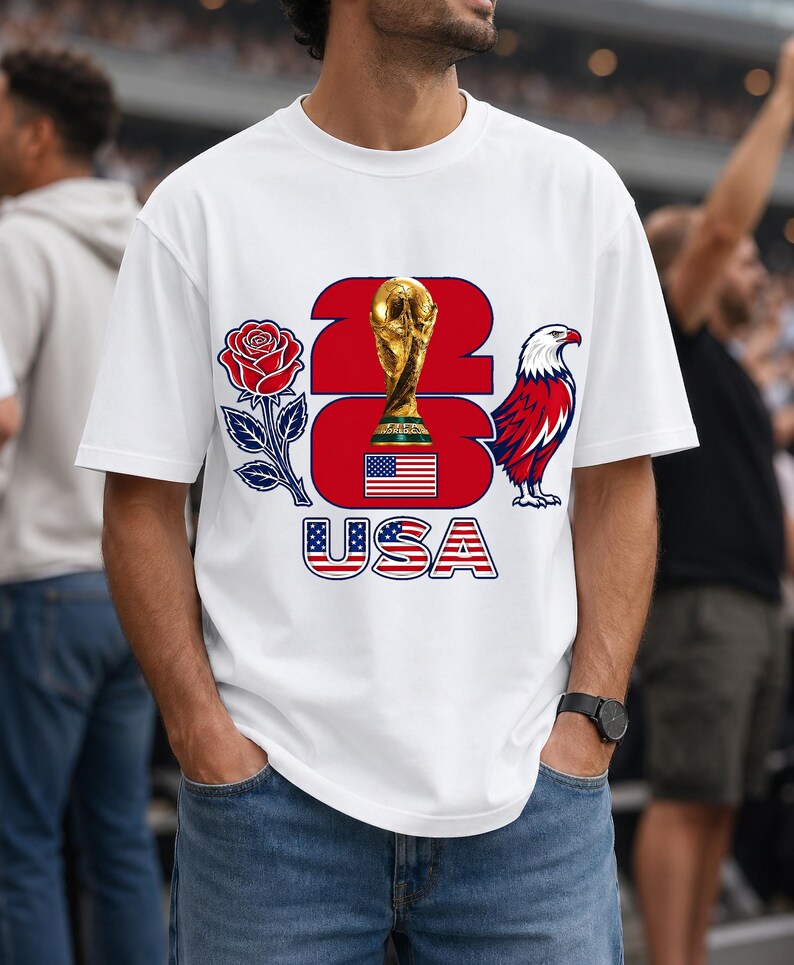 Puede incluir: Camiseta blanca con un dise&ntilde;o que presenta un trofeo dorado, una rosa roja y un &aacute;guila roja, blanca y azul. El dise&ntilde;o incluye el texto "23 USA" en rojo y azul, con la bandera estadounidense.