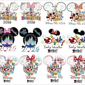 May include: A collection of colorful Disney-themed designs featuring Mickey and Minnie Mouse, castles, and fireworks. Text includes "Disney Trip 2026" and "Family Vacation 2026". Designs are in the shape of Mickey Mouse's head and ears.