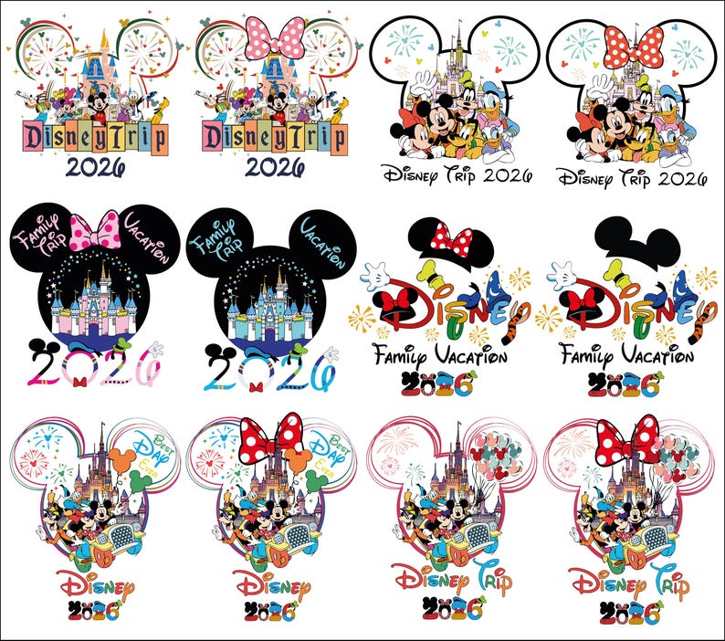 May include: A collection of colorful Disney-themed designs featuring Mickey and Minnie Mouse, castles, and fireworks. Text includes "Disney Trip 2026" and "Family Vacation 2026". Designs are in the shape of Mickey Mouse's head and ears.