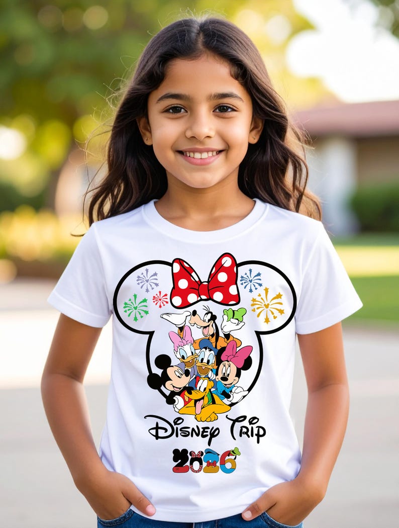 Op de afbeelding: Wit T-shirt met een Disney Trip-ontwerp. Het ontwerp toont Mickey Mouse, Minnie Mouse, Donald Duck, Daisy Duck, Goofy en Pluto, een rode strik met stippen en het jaar 2026.