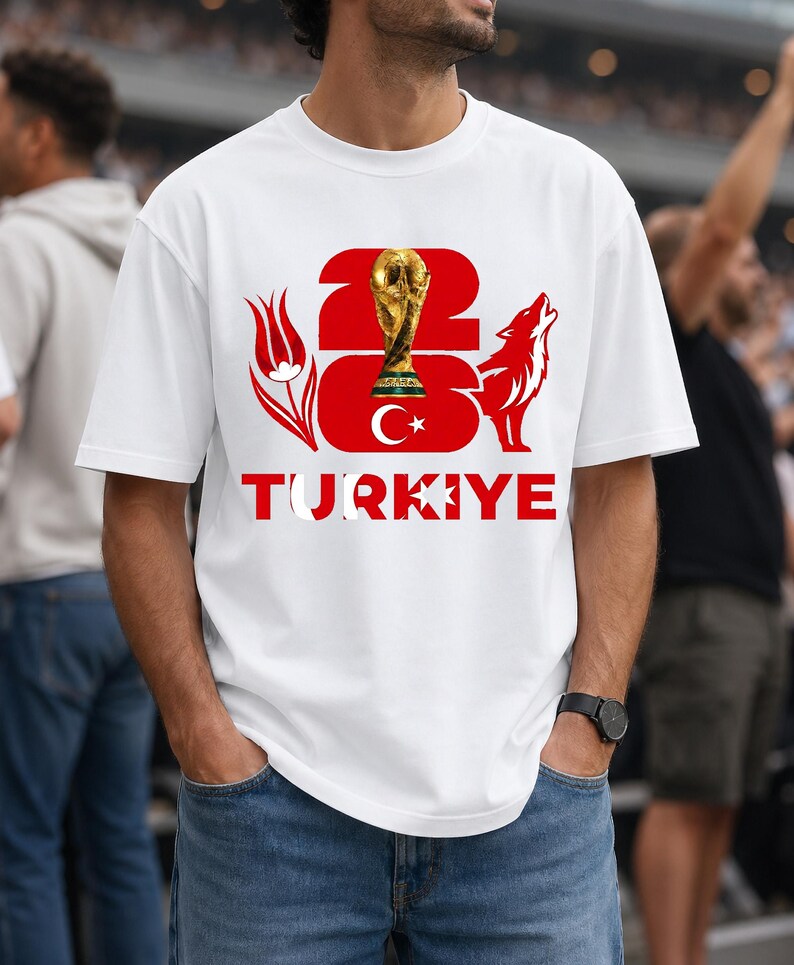 Puede incluir: Camiseta blanca con un dise&ntilde;o gr&aacute;fico que presenta el n&uacute;mero 23, un trofeo dorado, un lobo rojo y la palabra "TURKIYE" en rojo y blanco. El dise&ntilde;o incluye un elemento de la bandera turca. La camiseta es de estilo casual.